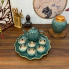 Ấm Chén Hỏa Biến Bát Tràng Chén Lòng Hoa Men Cẩm Thạch Dáng Sen Kèm Khay Tròn 350ml