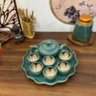 Ấm Chén Hỏa Biến Bát Tràng Men Cẩm Thạch Lòng Hoa Dáng Tre Kèm Khay Lá Tròn 450ml