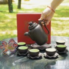 Ấm chén tử sa Bát Tràng dáng long đào phú quý màu đỏ đen dung tích 480ml