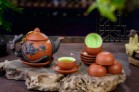 Bộ Ấm Chén Tử Sa Đắp Hoa Sen Tách Lót Đen Đỏ
