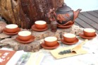 Bộ Ấm Chén Tử Sa Đắp Phù Dung Đỏ Đen Tách Lót