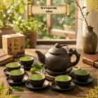 Bộ Ấm Chén Tử Sa Quai Đắp Màu Đen Dung Tích 400ml