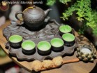 Bộ Ấm Chén Tử Sa Dáng Chóp Họa Tiết Đắp Nổi Màu Đen Kèm Khay Sen Nổi 300ml