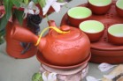 Bộ Ấm Chén Tử Sa Quai Chuôi Đắp Nổi Màu Đỏ 280ml