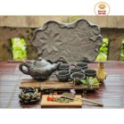 Bộ Ấm Chén Tử Sa Dáng Nhỡ Đắp Nổi Hoa Sen Kèm Khay Sen Cá Màu Đen 270ml