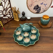 Ấm Chén Hỏa Biến Bát Tràng Men Cẩm Thạch Lòng Hoa Dáng Thiên Nga Kèm Khay Lá Tròn 400ml