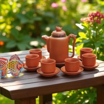 Ấm chén tử sa Bát Tràng dáng long đào phú quý màu đỏ đen dung tích 480ml