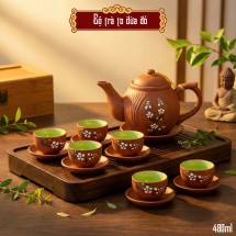Bộ ấm chén tử sa Bát Tràng dáng dừa khay chữ nhật 480ml