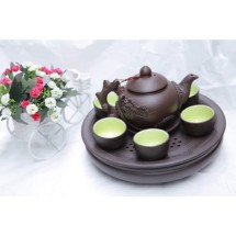 Bộ Ấm Chén Tử Sa Đắp Hoa Tùng Khay Đôi
