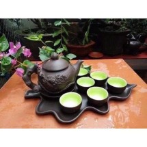Bộ Ấm Chén Tử Sa Đắp Hoa Phù Dung Khay Lá