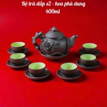Bộ Ấm Chén Tử Sa Đắp Hoa Phù Dung Tách Lót