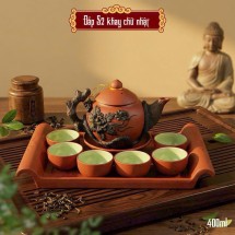 Bộ Ấm Chén Tử Sa Đắp Phù Dung Khay Chữ Nhật Hoa Đen Ấm Đỏ