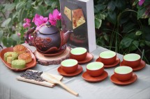 Bộ Ấm Chén Tử Sa Đắp Phù Dung Đỏ Đen Tách Lót