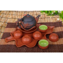 Bộ Ấm Chén Tử Sa Đắp Hoa Đào Khay Lá Đỏ Mẫu Đỏ Đen
