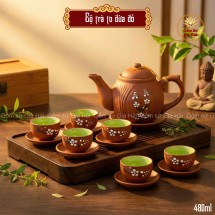 Bộ Ấm Chén Tử Sa Dừa Đỏ Đào Tách Lót Dung Tích 480ml