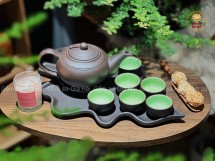 Bộ Ấm Chén Tử Sa Bưởi Trơn Khay Lá Màu Đen Dung Tích 400ml