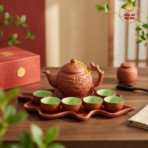 Bộ Ấm Chén Tử Sa Hoa Châm Khay Lá Màu Đỏ Bát Tràng 400ml