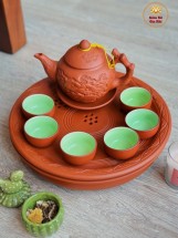 Bộ Ấm Chén Tử Sa Bát Tràng Hoa Châm Khay Đôi Cỡ Đại Phi 30cm Màu Đỏ 400ml
