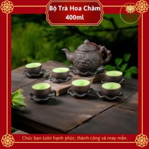 Bộ Ấm Chén Tử Sa Bát Tràng Hoa Châm Tách Sen Màu Đen 400ml