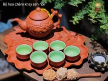 Bộ Ấm Chén Tử Sa Bát Tràng Hoa Châm Khay Sen Nổi Màu Đỏ 400ml