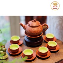 Bộ Ấm Chén Tử Sa Bát Tràng Trúc To Hoa Phù Dung Màu Đỏ Tách Lót 350ml