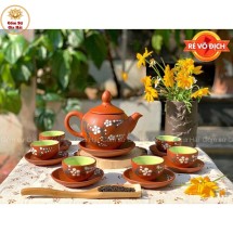 Bộ Ấm Chén Tử Sa Dáng Chóp Họa Tiết Hoa Đào Chấm Trắng 300ml