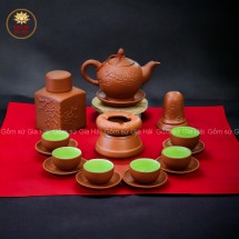 Bộ Ấm Chén Tử Sa Dáng Chóp Họa Tiết Hoa Đào Kèm Phụ Kiện 300ml