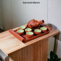 Bộ Ấm Chén Tử Sa Quai Chuôi Đắp Nổi Khay Chữ Nhật Màu Đỏ 280ml
