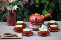 Bộ Ấm Chén Tử Sa Quai Chuôi Đắp Nổi Màu Đỏ 280ml