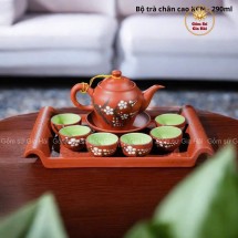 Bộ Ấm Chén Tử Sa Dáng Chân Cao Họa Tiết Hoa Đào Chấm Trắng Khay Chữ Nhật 290ml