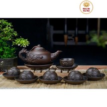 Bộ Ấm Chén Tử Sa Dáng Nhỡ Đắp Nổi Hoa Sen Lòng Gốm 270ml