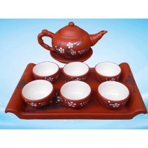Bộ Ấm Chén Tử Sa Dáng Nhỡ Họa Tiết Chấm Đào Khay Chữ Nhật Lòng Trắng 270ml