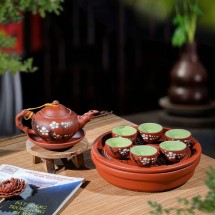 Bộ Ấm Chén Tử Sa Dáng Nhỡ Họa Tiết Chấm Đào Khay Đôi Phi 23cm 270ml